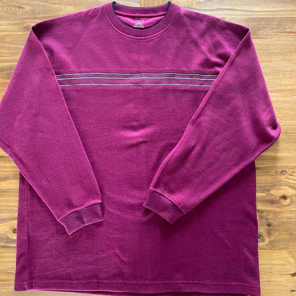 Gently worn long sleeve maroon shirt with black & white stripe. Sz. XXL
